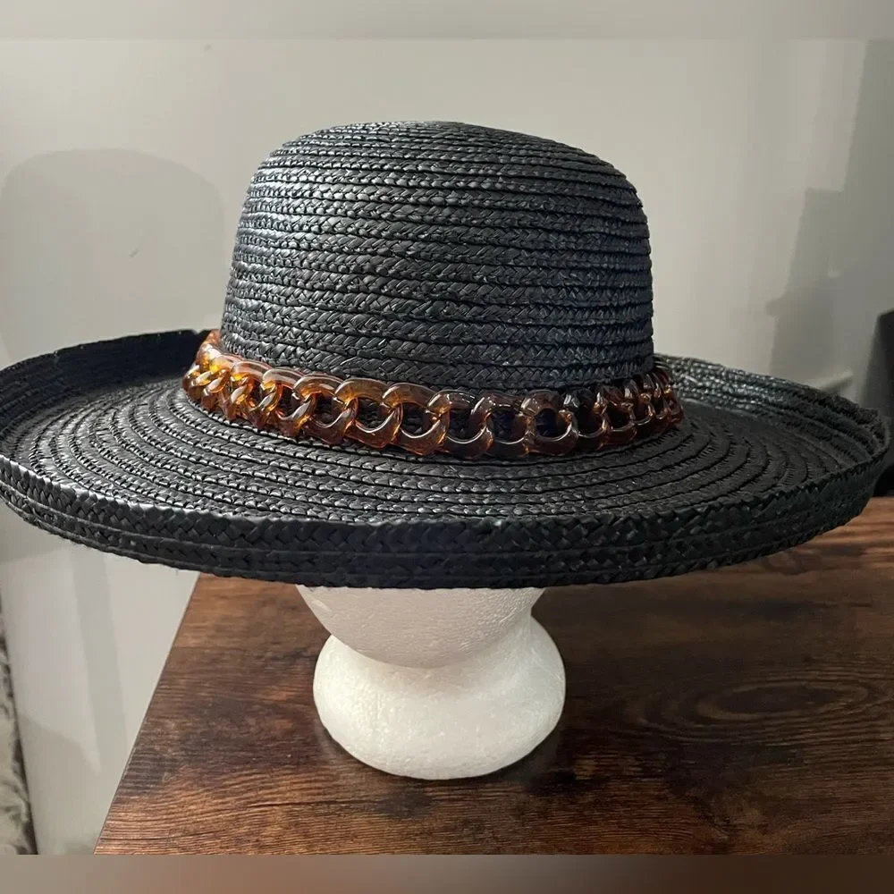 Vintage Straw Hat With Plastic Chain Hat Band Black